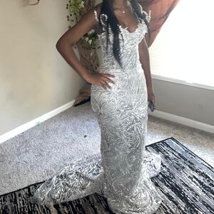 Silver Sequin Evening Gown - Elegant Sparkle Dress